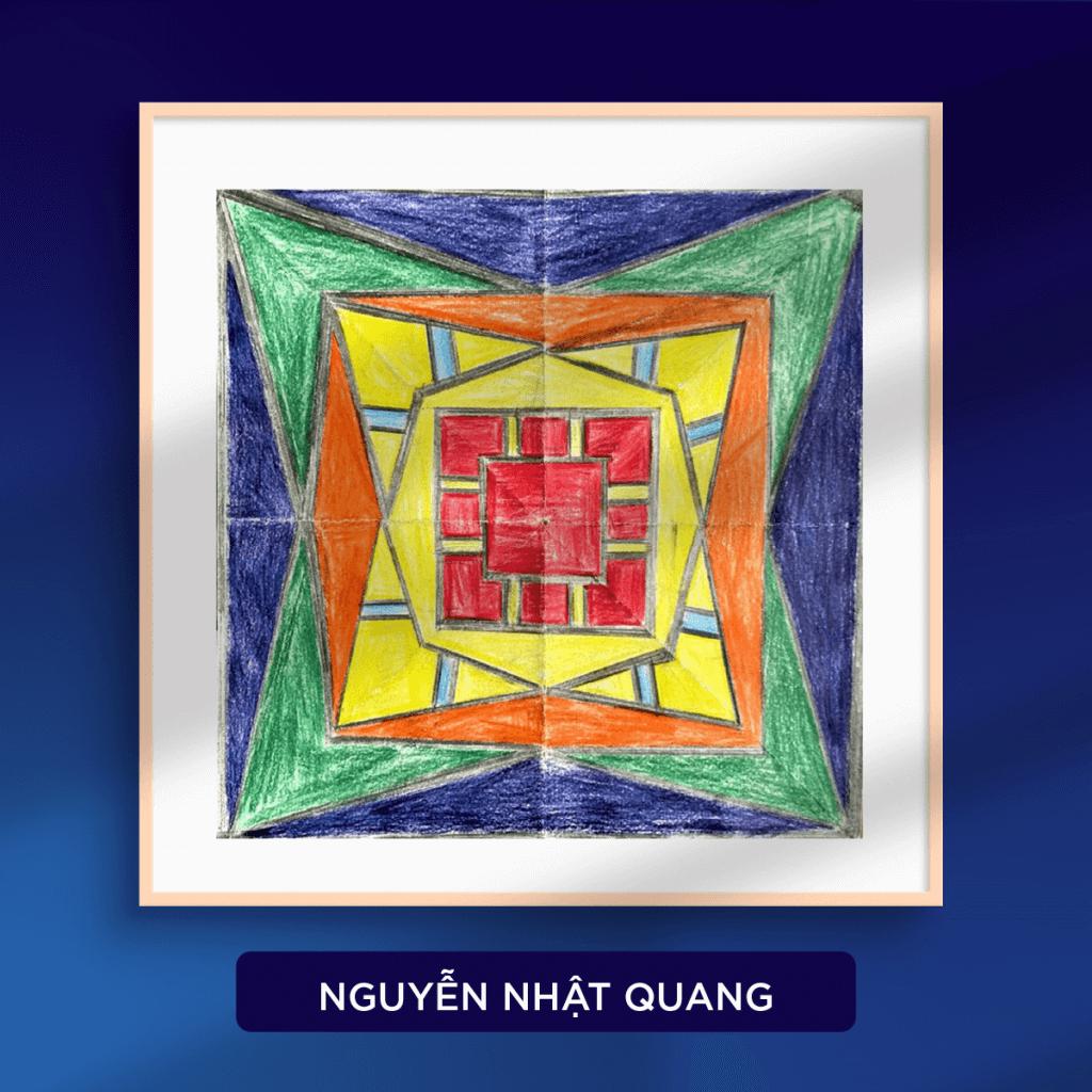 alt: Bức tranh của bé với họa tiết chữ cái lặp lại và màu sắc tươi sáng