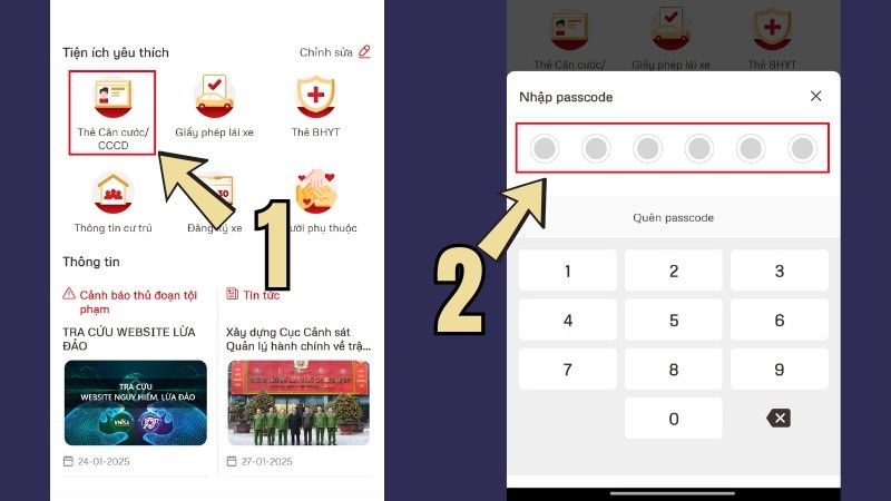 Bấm vào phần &quot;Thẻ căn cước/CCCD&quot;
